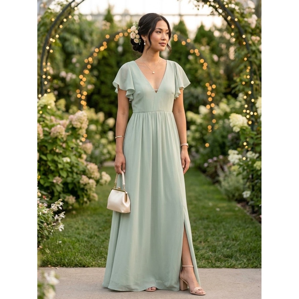 Birdy Grey Maxi Dress Women Large Sage Green Excellent Flutter Sleeve V-Neck